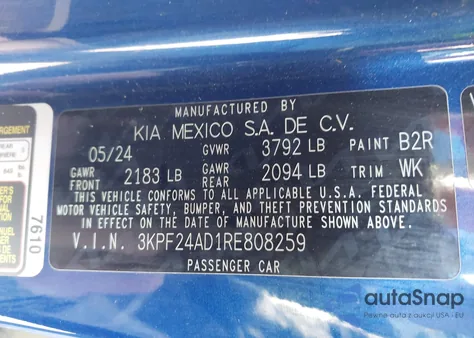 2024 Kia Forte Lxs из США, поврежденный, VIN 3KPF24AD1RE808259